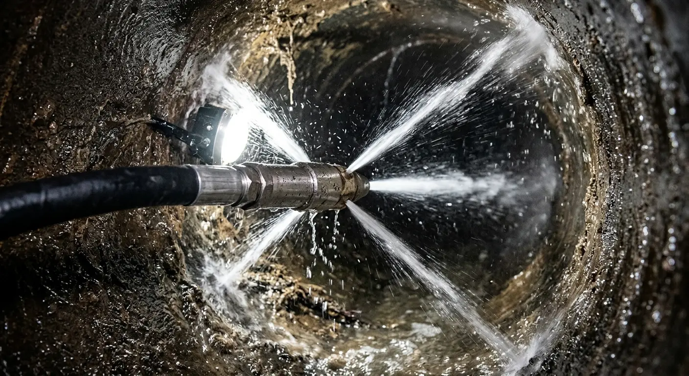 High-pressure hydro jetting nozzle cleaning sewer pipe for Storm Drain Cleaning in Butner