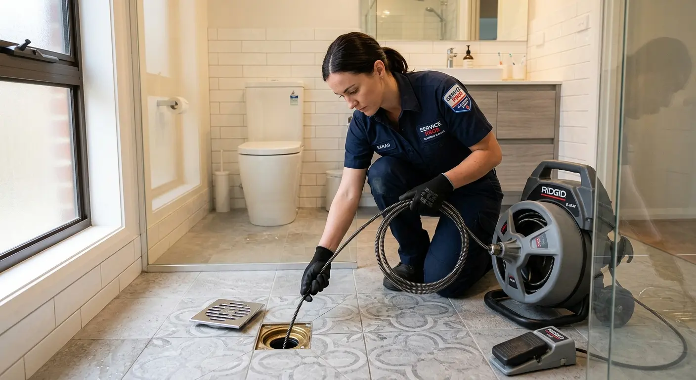 Technician clearing a bathroom floor drain for Sewer Line Installation in Butner